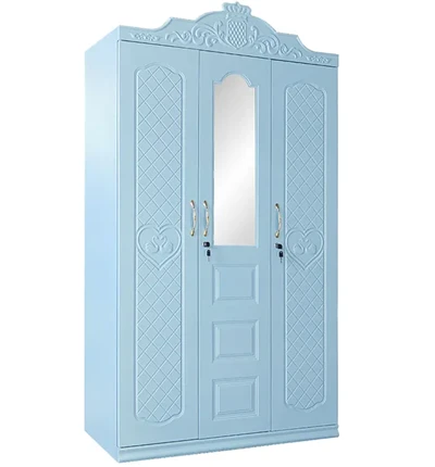 3-Qhov Rooj Xiav Embossed Wardrobe